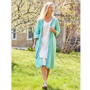 April Cornell Size S Camelia Duster Ruffled Teal Pockets Boho Cotton Flax